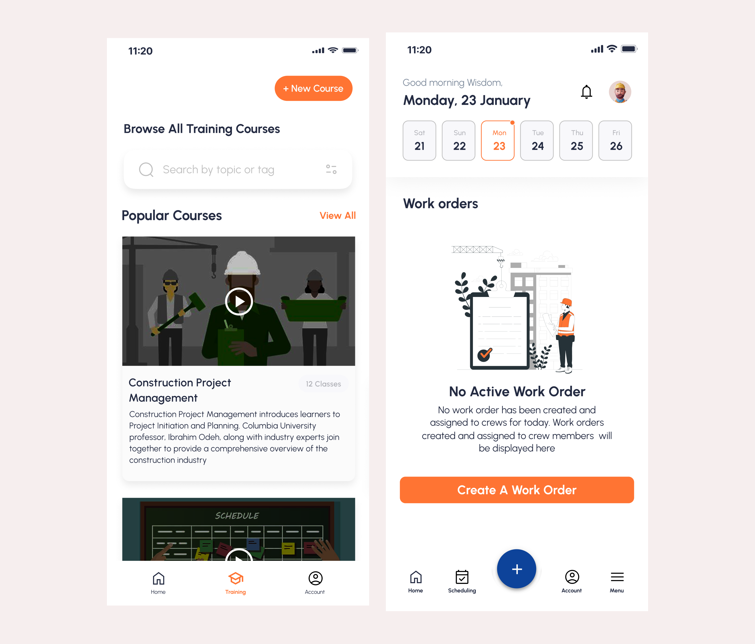 HeavyOps mobile screens showing work order dashboard and training course library