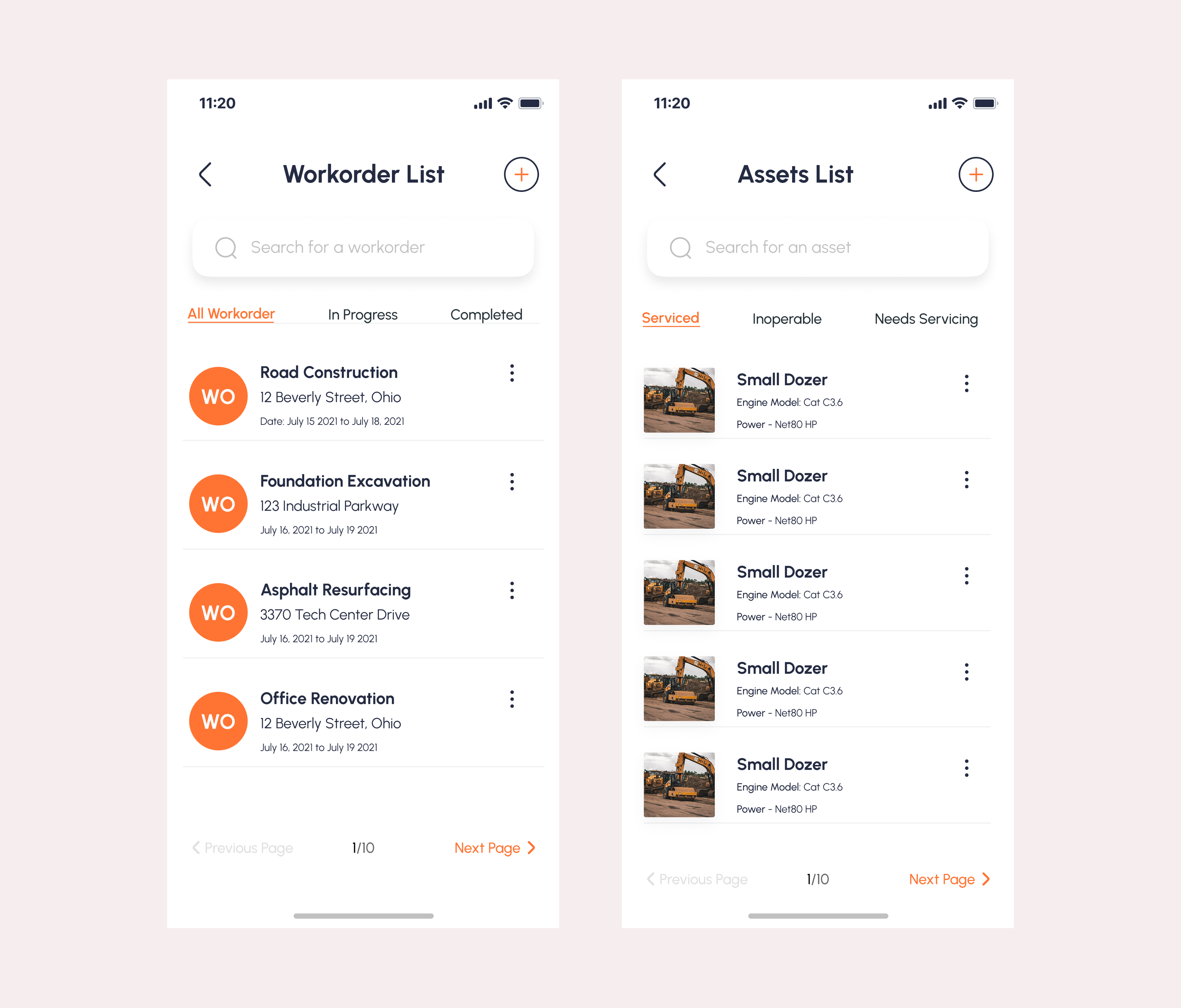 HeavyOps mobile screens showing work order list and assets list with equipment details