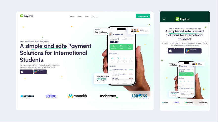 Pay4Me mobile app interface for payments and transfers