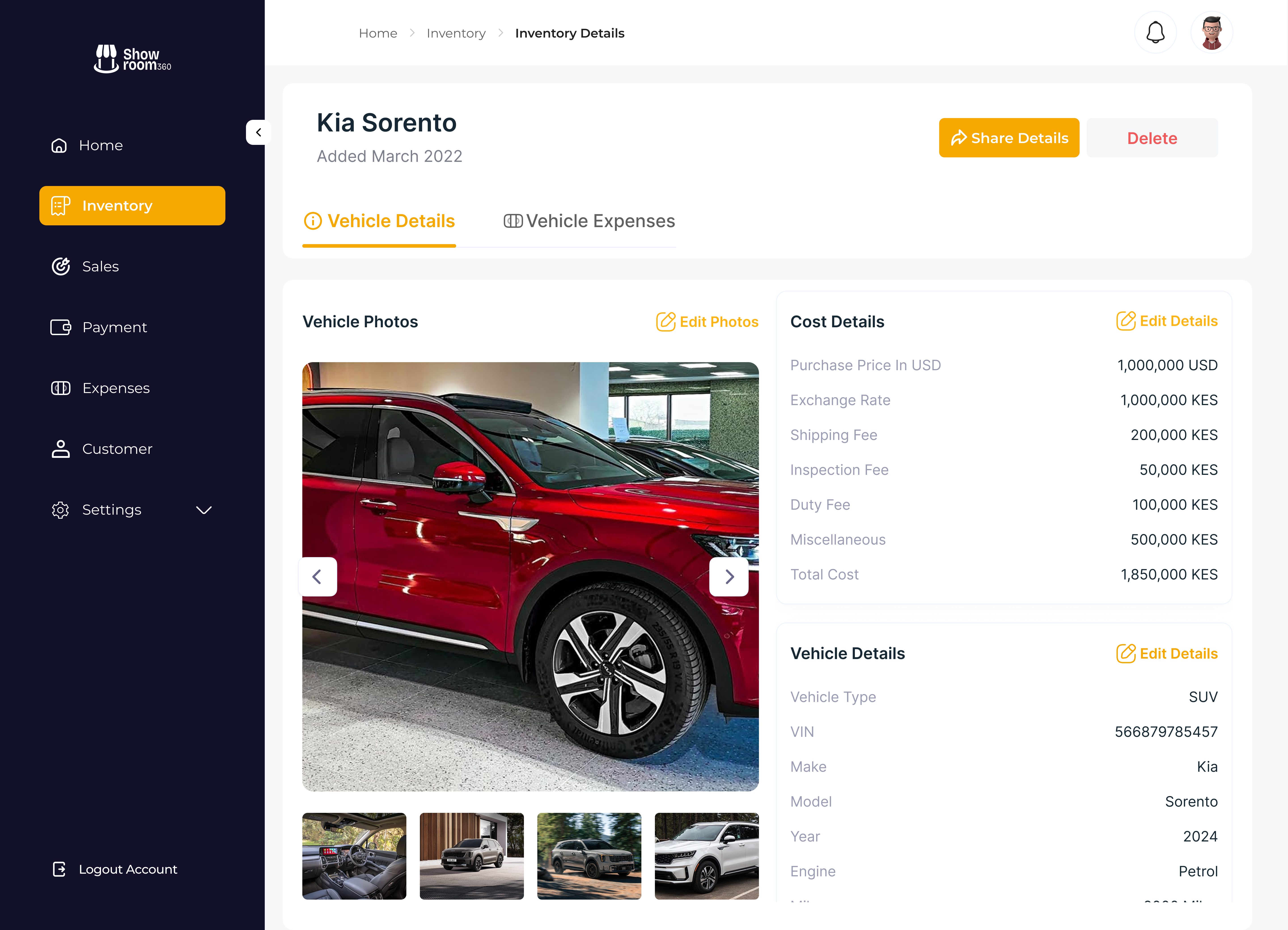 Showroom360 car details screen with vehicle specs, pricing, and sale options