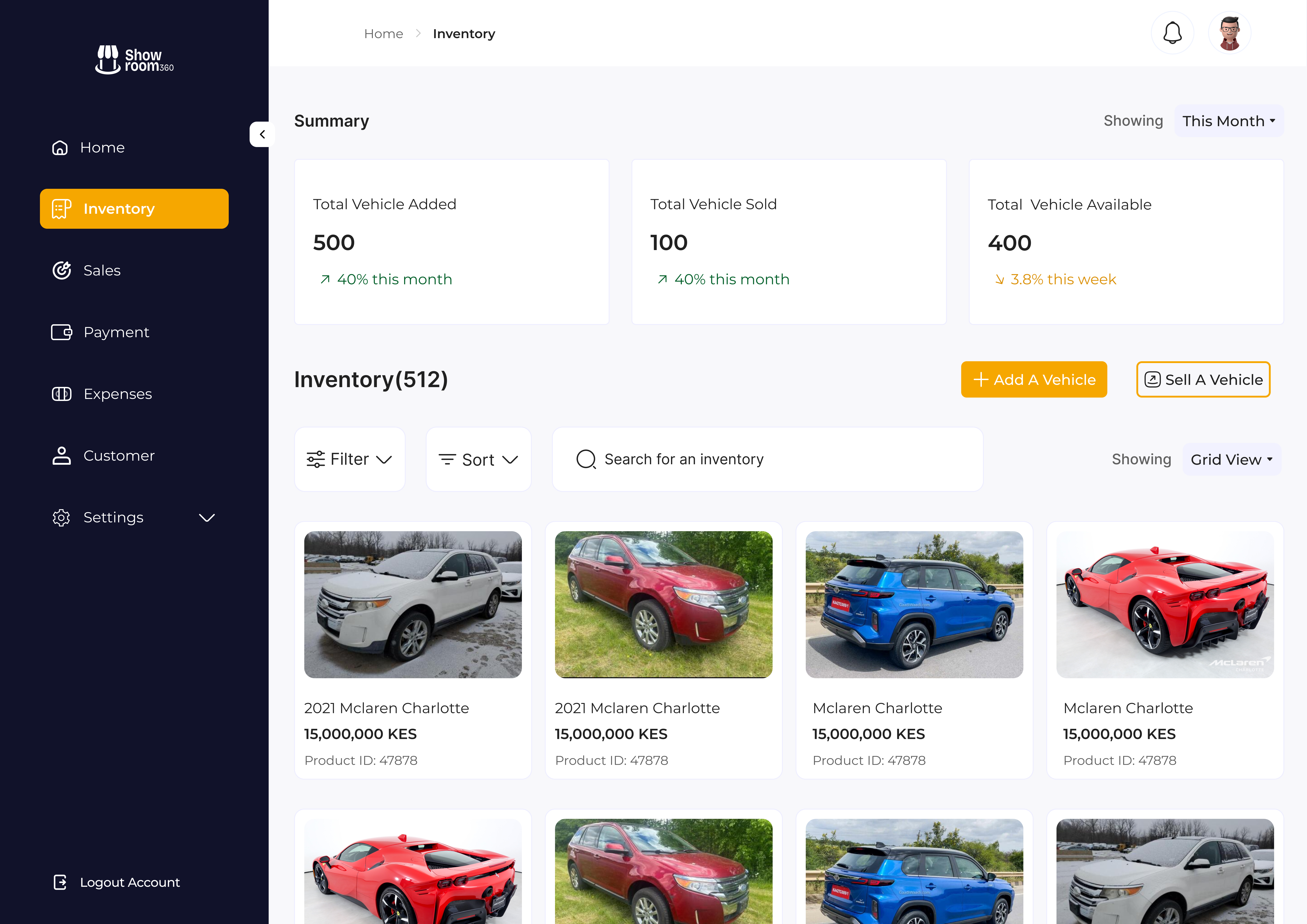 Showroom360 inventory page listing vehicles with stock status, pricing, and availability