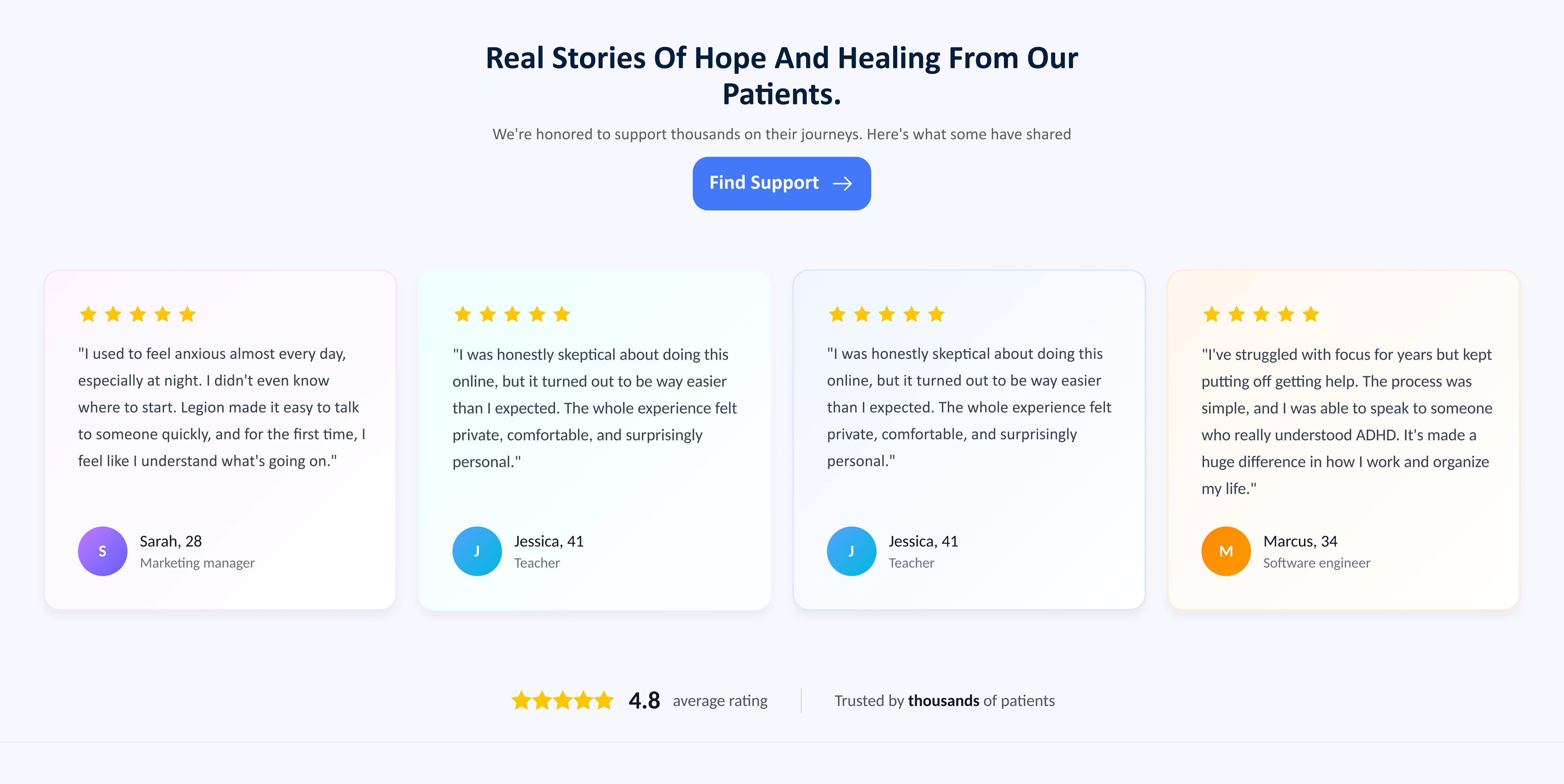 Testimonials section layout with customer quotes and social proof